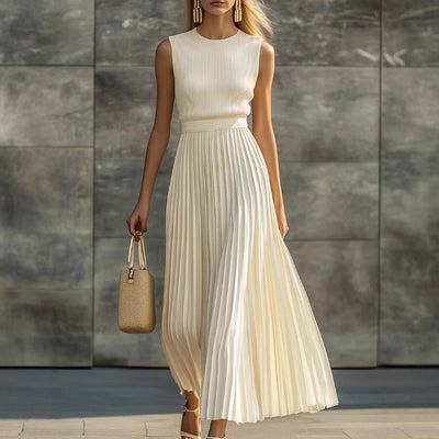 Elegant, Casual And Comfortable Cream-colored Chiffon Pleated Maxi Dress
