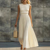 Elegant, Casual And Comfortable Cream-colored Chiffon Pleated Maxi Dress