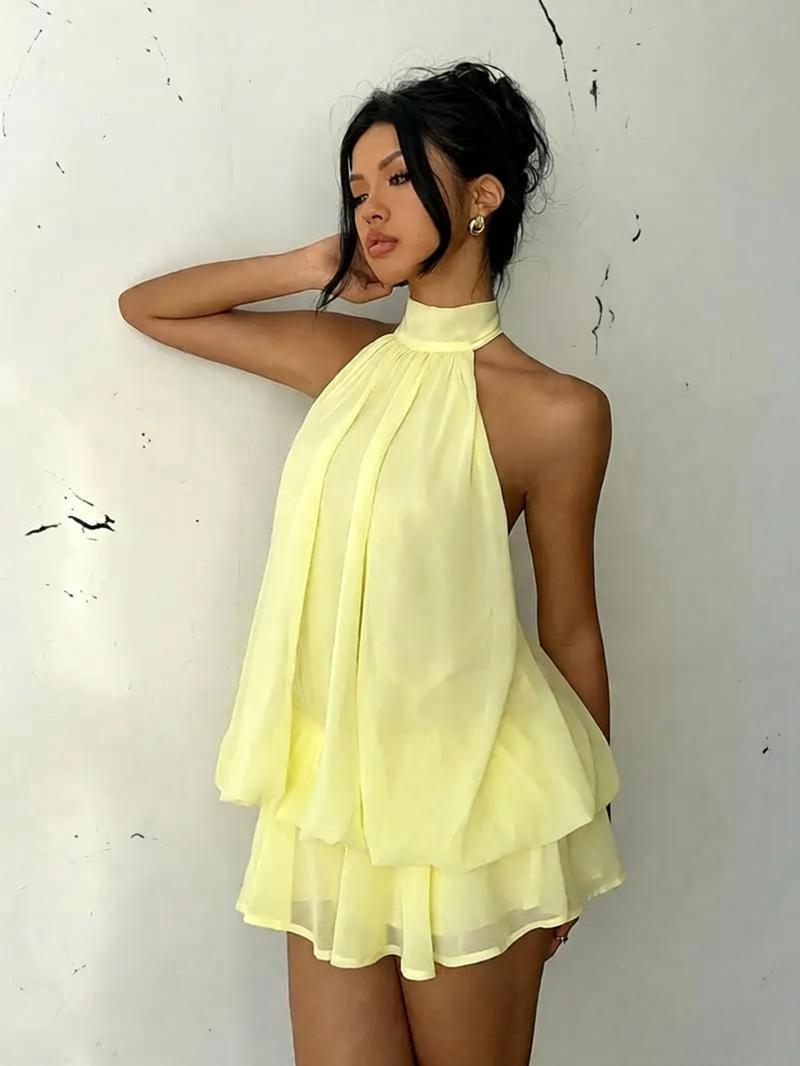 Chiffon Halter Tea Length Dress Sassy Skirt