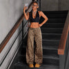 Womens High-waisted Loose-fitting Leopard-print Wide-leg Pants