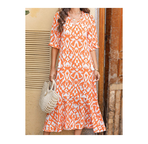 Loose V-neck Printed Tassel Mid-sleeve Long Dress