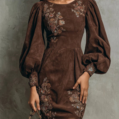 Boho Brown Puff Sleeve Floral Embroidered Suede Mini Dress
