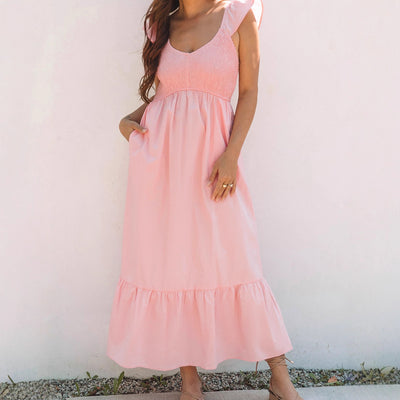 Womens Fashion Pleated V-Neck Short-Sleeve Dress