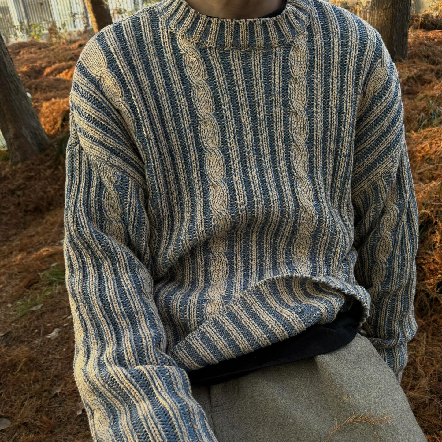 Men's Stripes Contrast Color Round Neck Casual Sweater