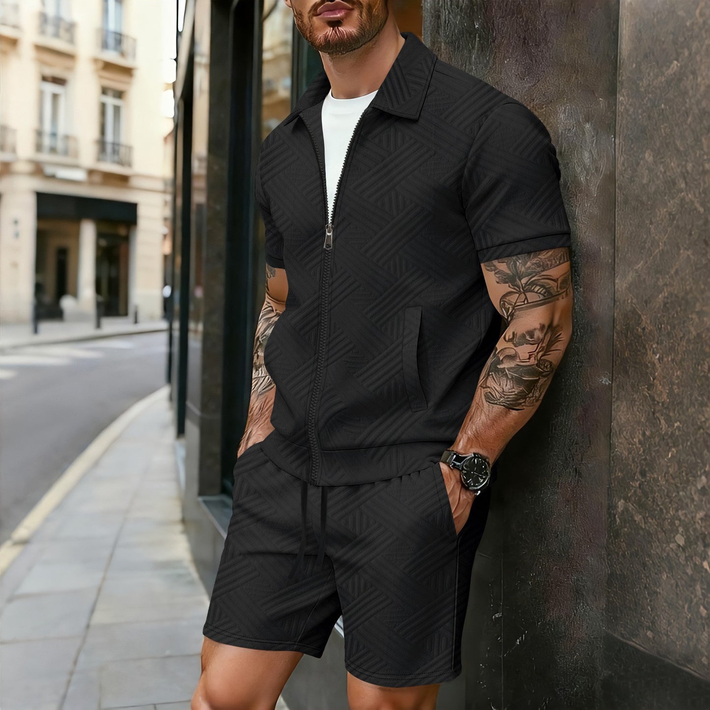 Cardigan con cerniera in jacquard, giacca a maniche corte e pantaloncini abbinati