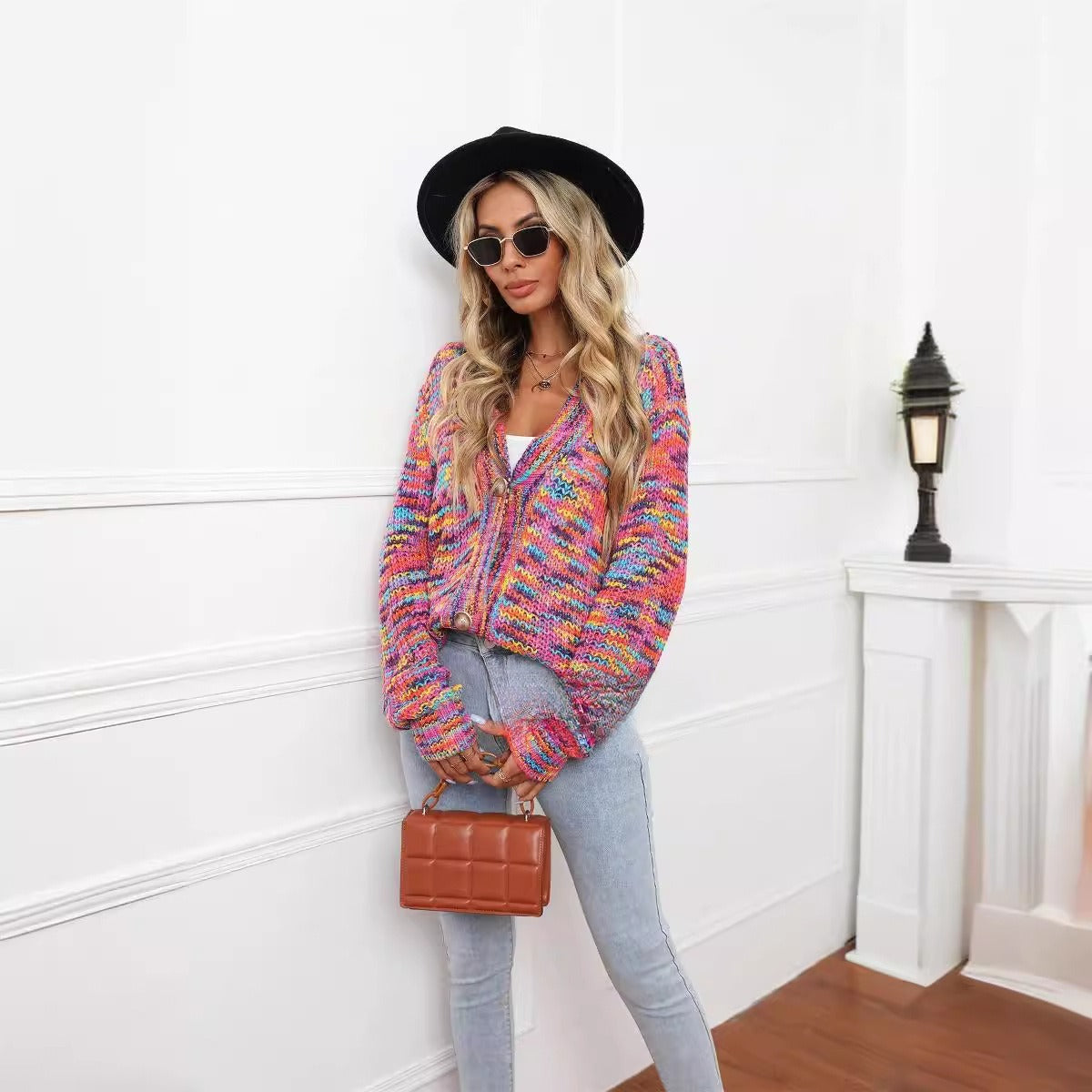 Rainbow Mixed Color Festival Dyed Short Cardigan Knitted Coat