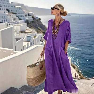 Womens 3D Digital Print V-Neck Three-Quarter Sleeve Dress