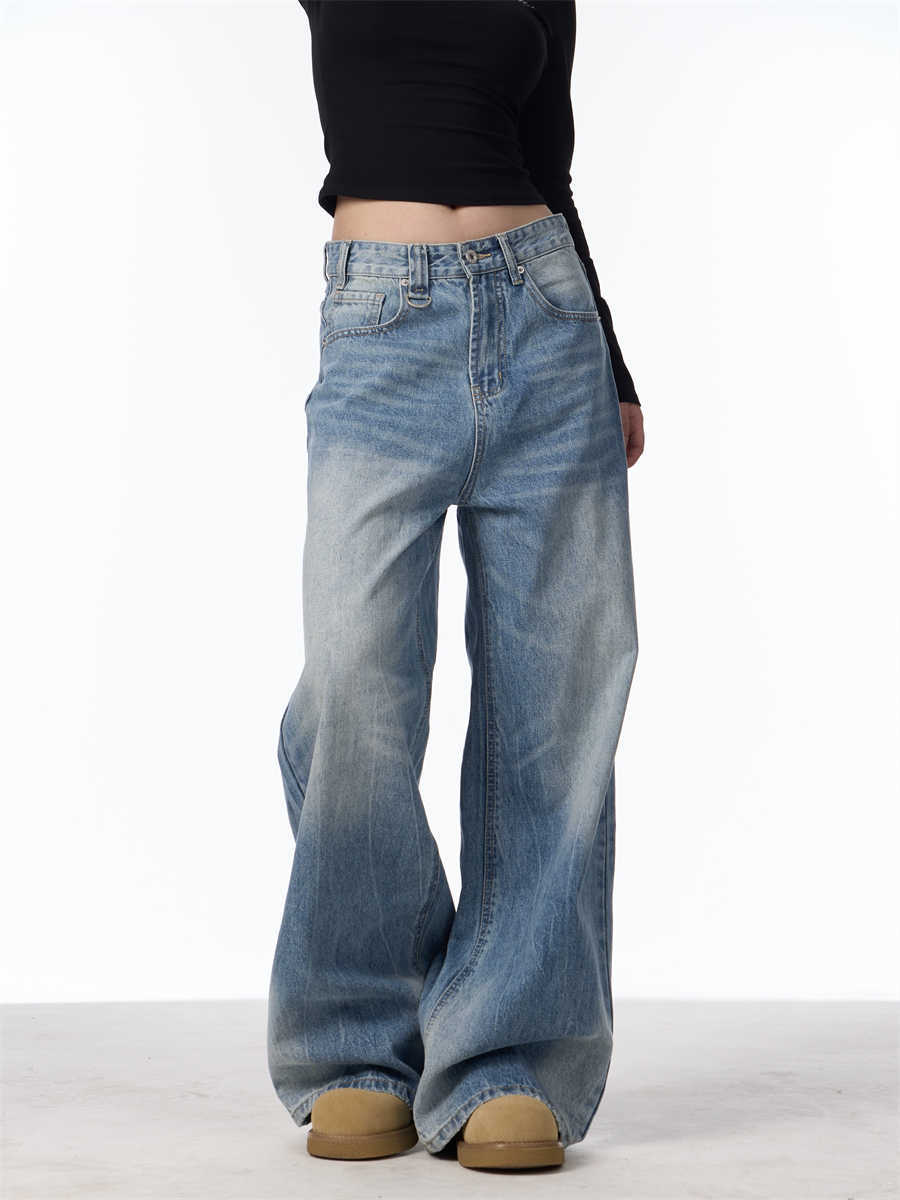 Retro Worn Looking Washed-out Jeans Women's Loose Straight Wide-leg Pants