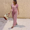 Womens Striped Front-Placket Puff-Sleeve Shirt And Pants Set