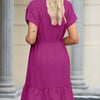 Womens Summer Dresses Short Sleeve V Neck Drawstring Casual Flowy Ruffle A-Line Swing Mini Babydoll Tunic Dress
