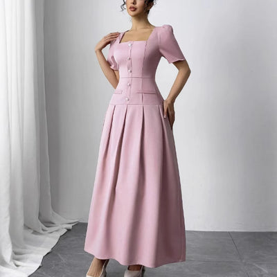 Slimming Square Neckline Dress With Puff Sleeves