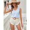 Camicetta da donna in chiffon jacquard con pompon, scollo a V, casual