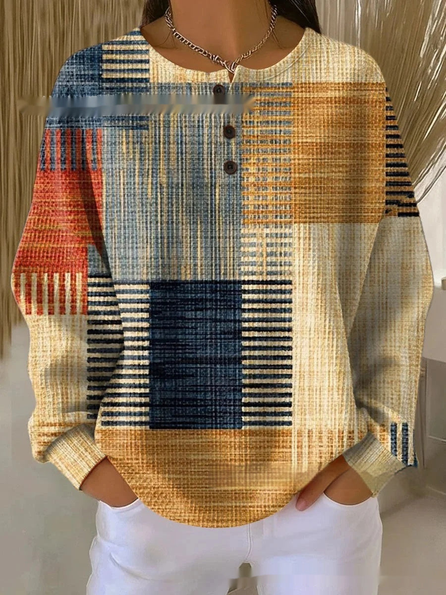Maglietta da donna con stampa digitale 3D geometrica retrò e colletto alla coreana a tre bottoni