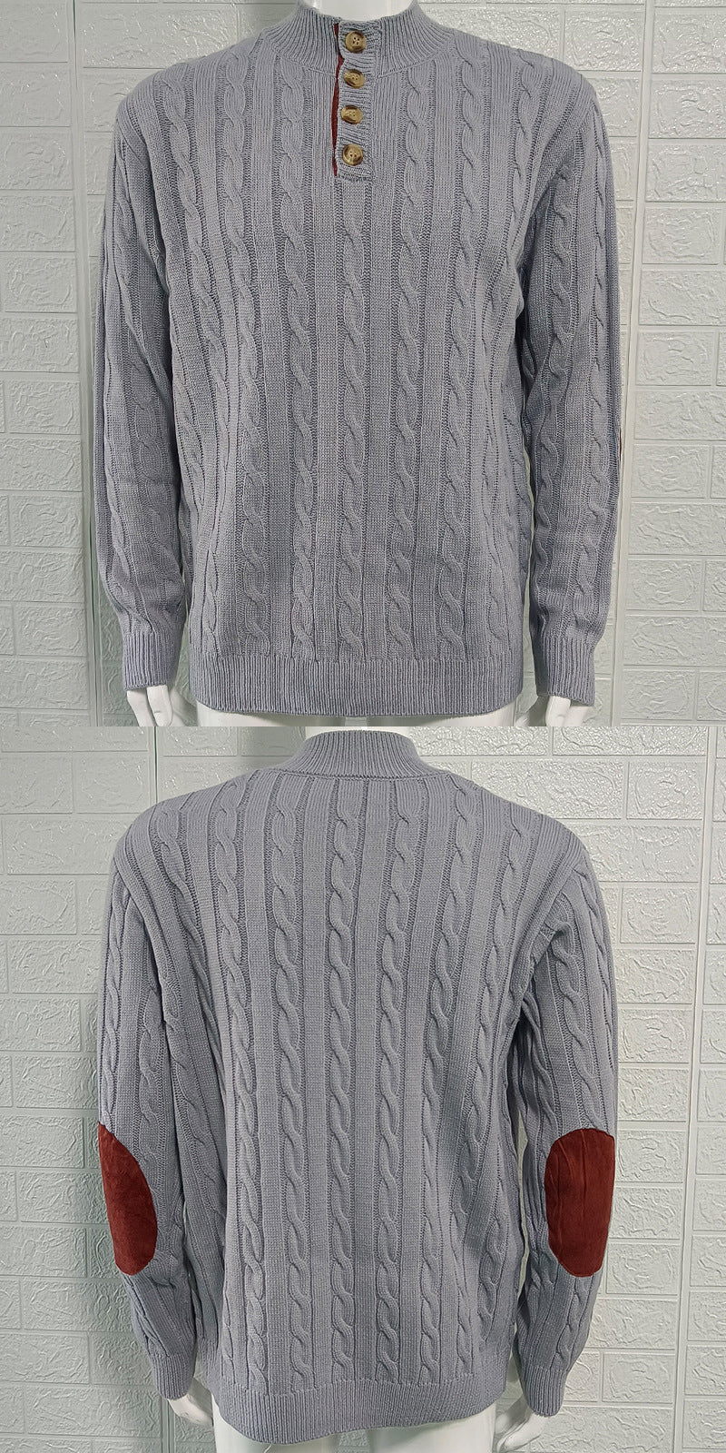 Slim-fit Buttoned Turtleneck Suede Stitching Sweater