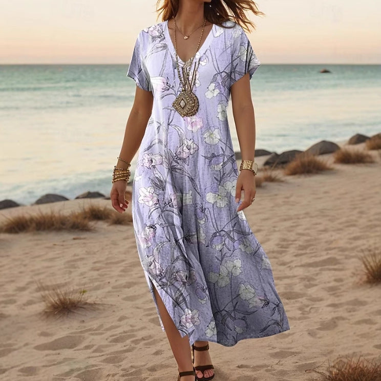 Creative Floral Womens V-Neck Short-Sleeve Dress