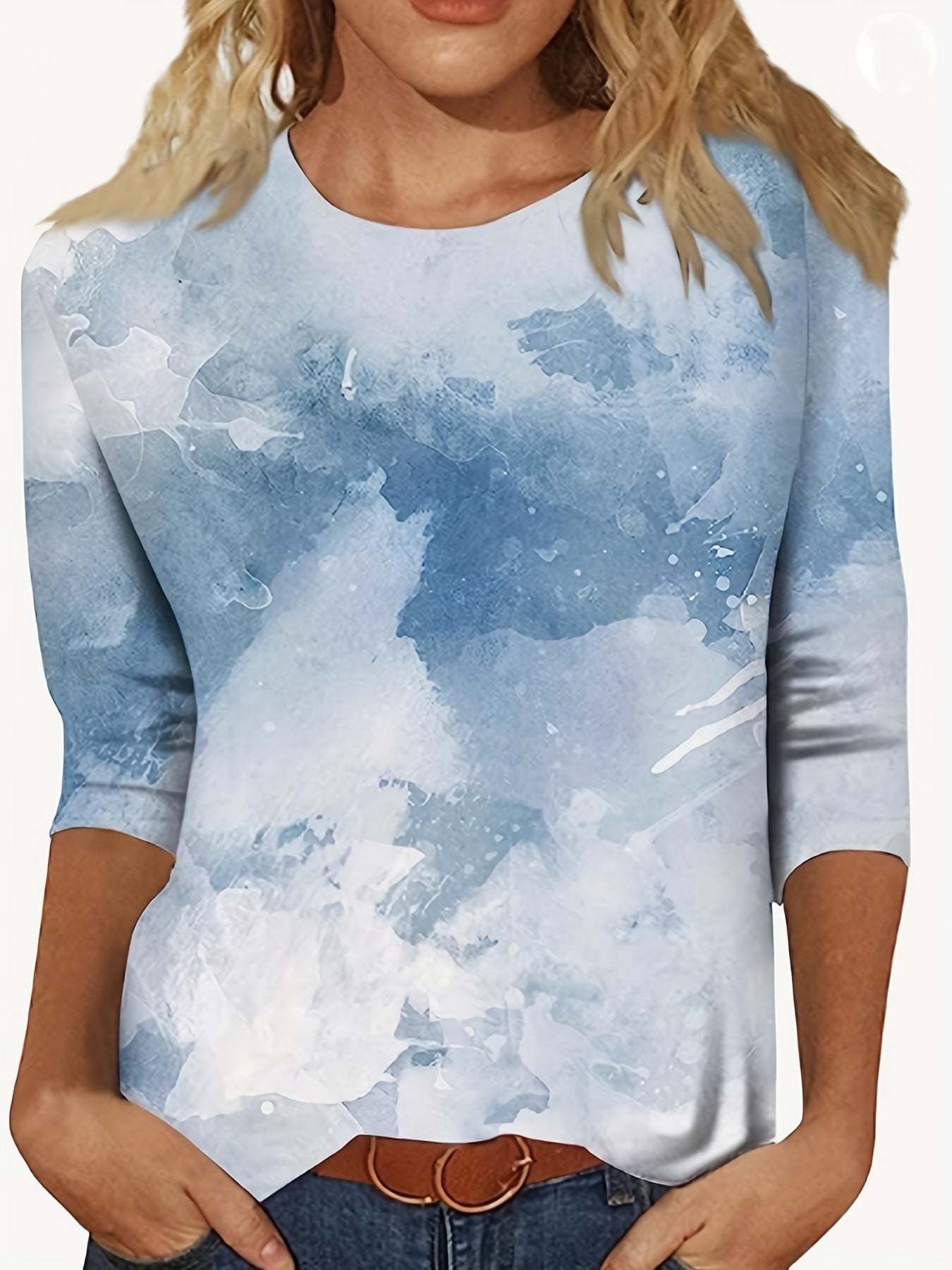 European And American Flower Plant Printed Round Neck Long Sleeve