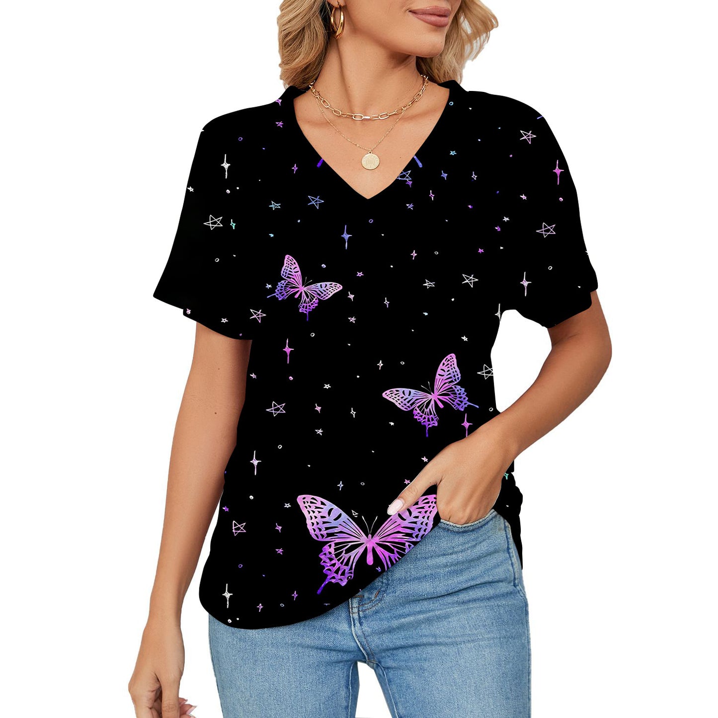 T-shirt da donna, stampa floreale e botanica, maniche corte scollo a V casual