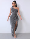 Abito da donna elegante con spacco, senza maniche, monospalla, scollo a barca e paillettes, per il commercio estero