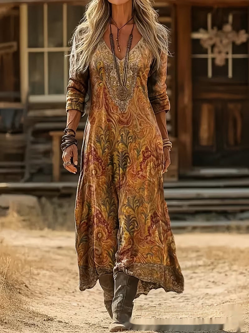 Womens 3D-printed V-neck Long-sleeve Dress