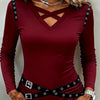 Top da donna casual scollo a V con dettagli in metallo