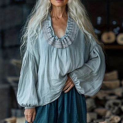 Camicia casual ampia, a maniche a lanterna, stile foresta, adatta a tutto