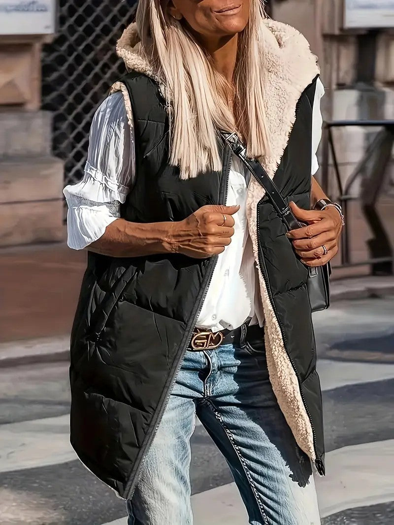 Cardigan gilet elegante con cappuccio e vestibilità slim double face