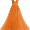 Women's Spaghetti Strap Tulle Long Applique Lace Dress With Long Dress