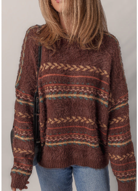 Maglione lavorato a maglia con spalle scese in mohair con motivo etnico marrone