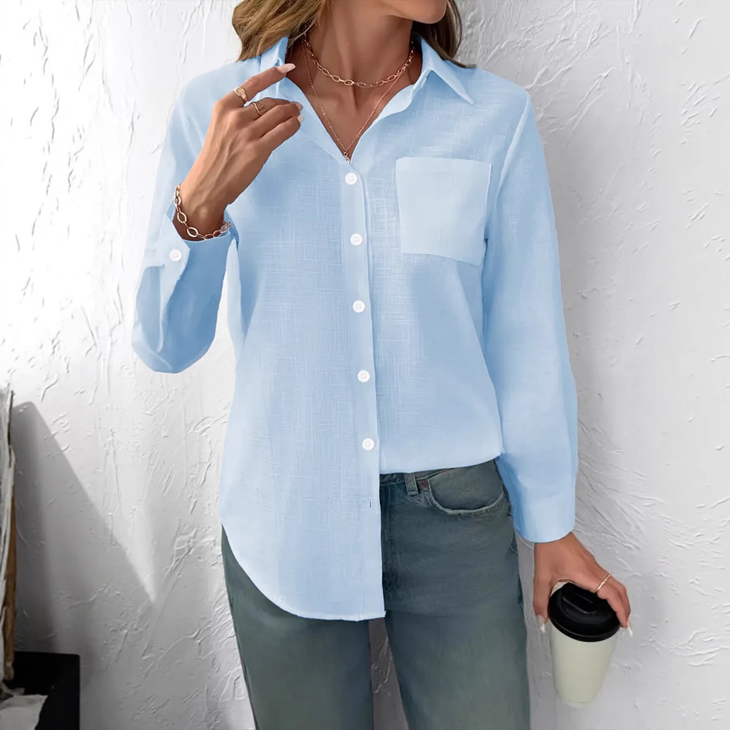 Camicetta da donna a maniche lunghe con colletto a risvolto, casual, plissettata e a vestibilità ampia
