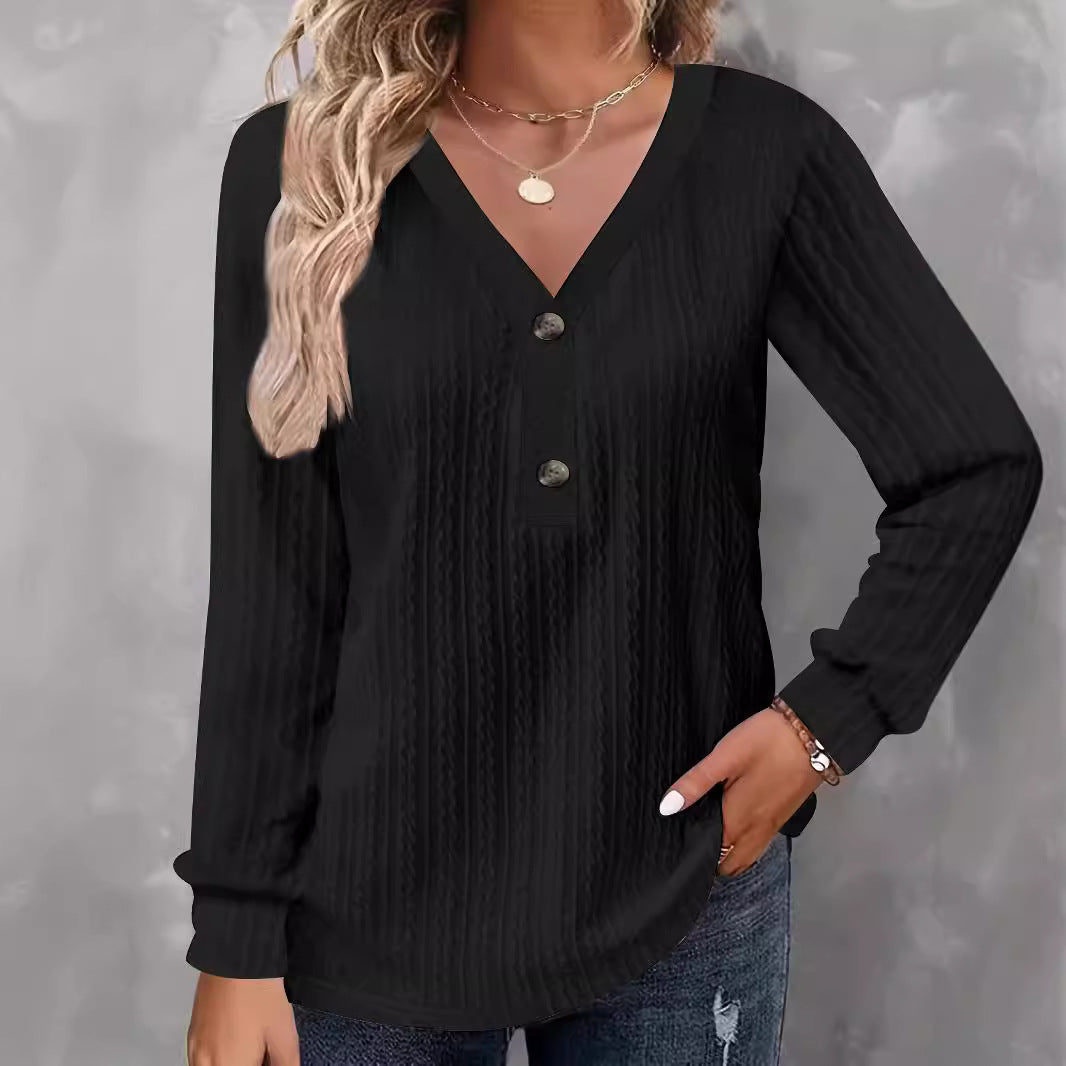 Camicia casual chic a maniche lunghe con scollo a V e bottoni in tinta unita