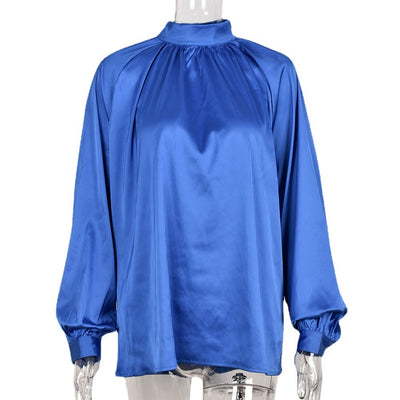 Irregular Stand Collar Stitching Lantern Sleeve Shirt Top