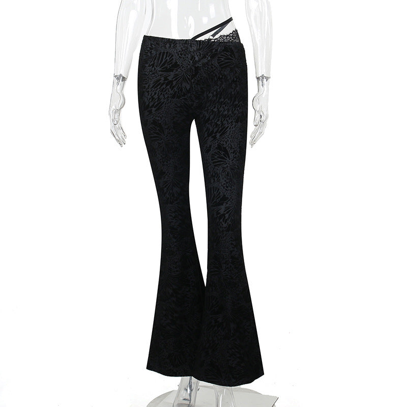 Sexy Lace Stitching Short Sleeve Hollow-out Top High Waist Straight Bootcut Pants Suit