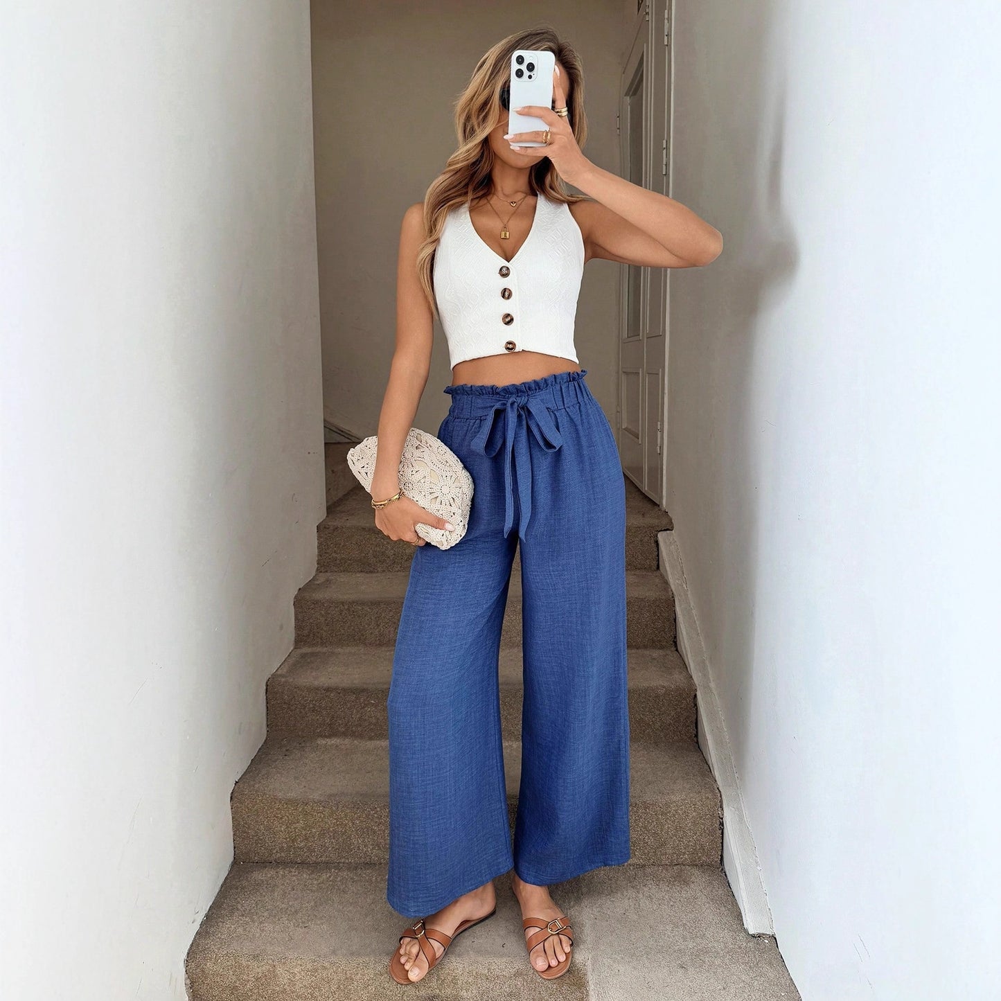 Pantaloni Larghi Casual da Resort con Fascia in Vita a Fiocco