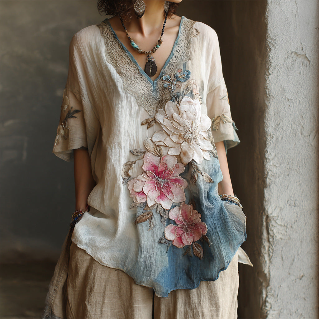 Top a maniche corte da donna con scollo a V, elegante, artistico e in stile retrò