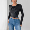 High-elastic Long-sleeve Solid-color 3D Floral Crewneck Jumpsuit