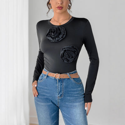 High-elastic Long-sleeve Solid-color 3D Floral Crewneck Jumpsuit