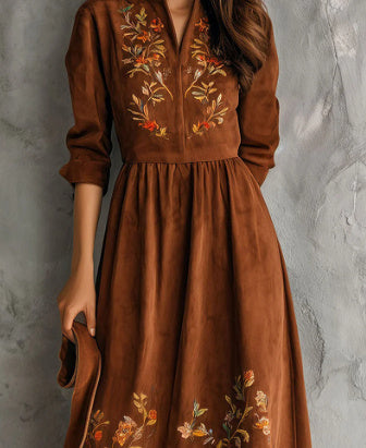 Vintage Brown Floral Embroidered Suede Midi Dress