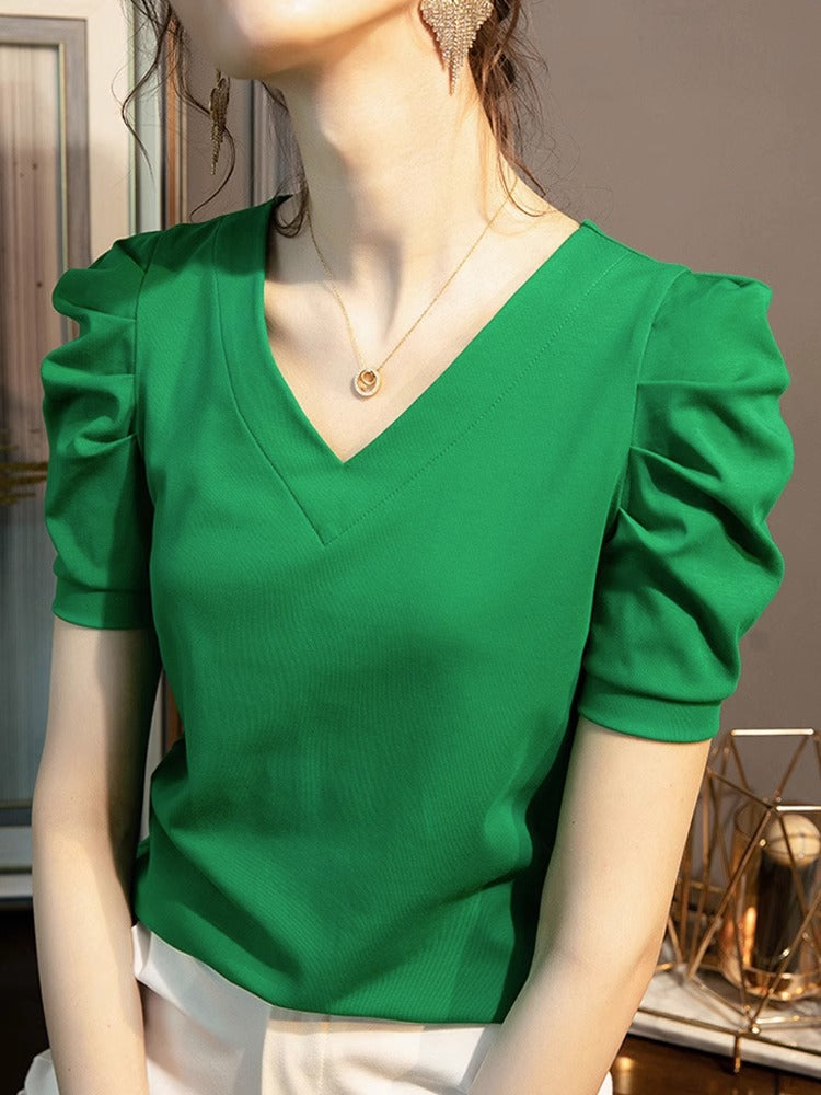 Top da donna vintage con maniche a sbuffo a pieghe
