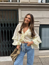 Cardigan in pizzo arricciato in stile francese con maniche svasate e dettaglio da annodare