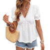 Top t-shirt da donna casual tinta unita scollo a V con pizzo