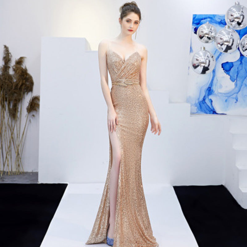 Nuovo Banchetto Elegante Riunione Annuale Lungo Host Profondo V Sexy Abito da Sera a Sirena con Paillettes