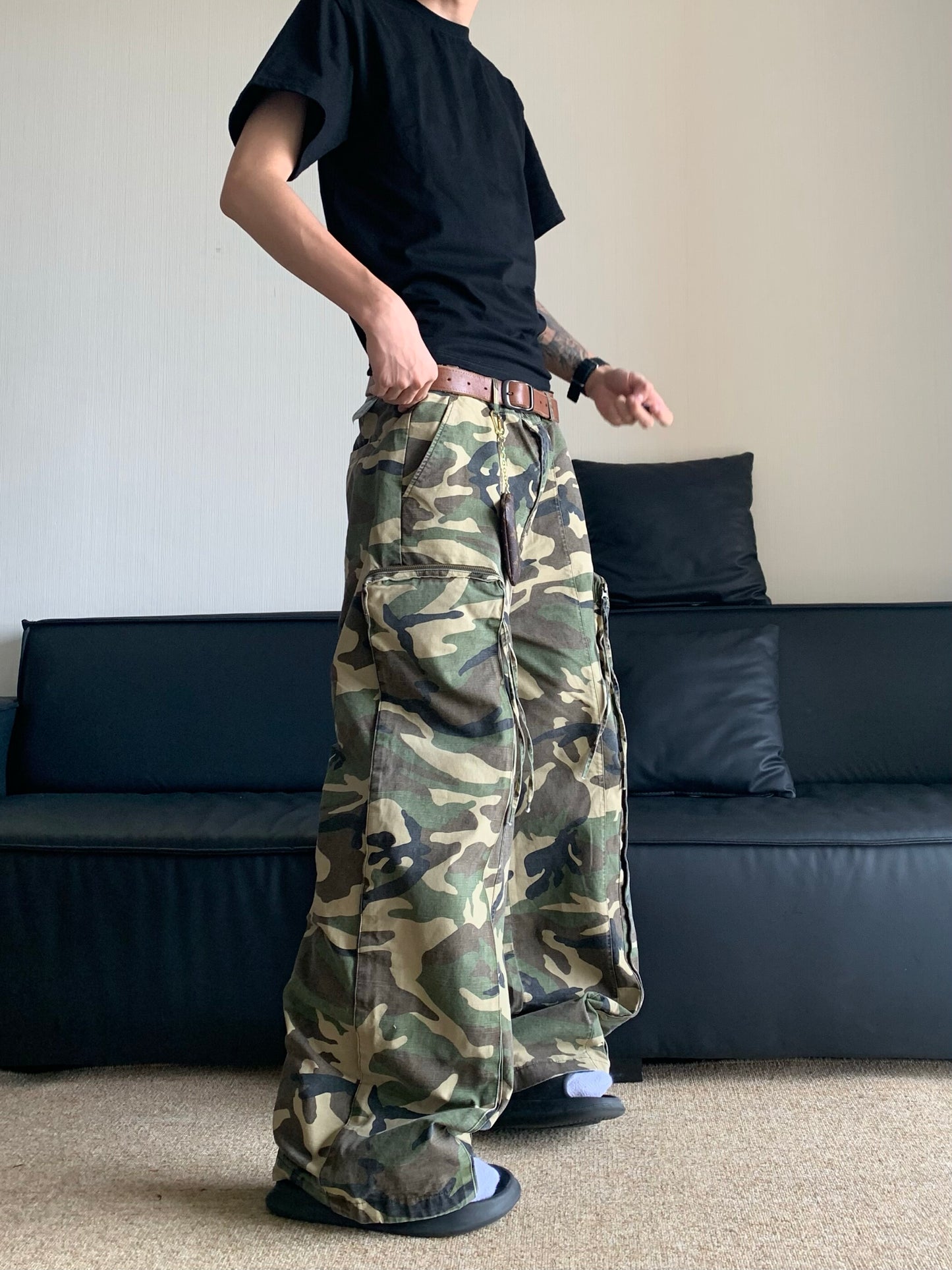 Retro Camouflage Wash Pocket Wide Leg Pants