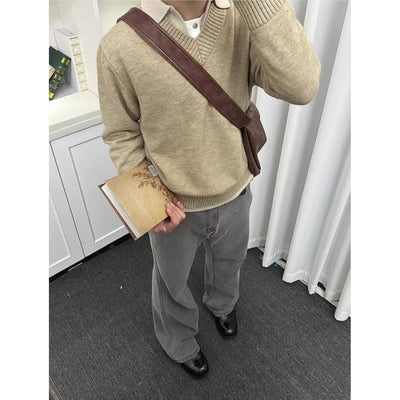 Vintage Fake Two-piece V-neck Sweater Men's Knitted Polo Shirt