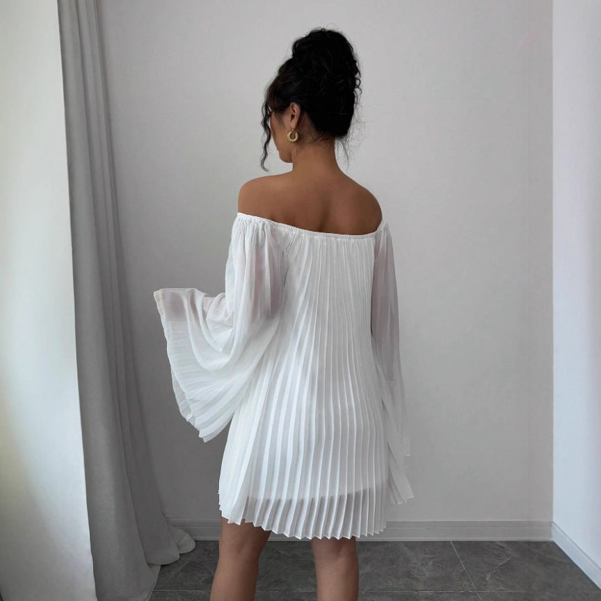 Womens Solid-Color Pleated French-Style Minimalist Off-Shoulder Dress