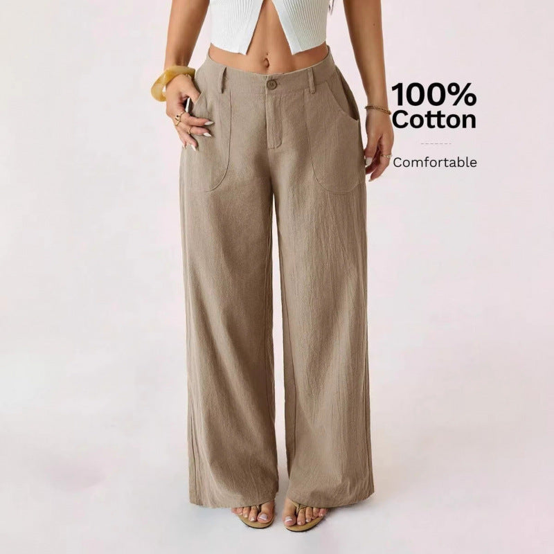 Nuovi pantaloni ampi da donna in misto cotone-lino a vita media, casual, per il pendolarismo