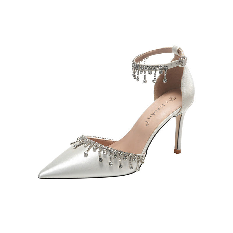 White Satin Strap Tassel Chain High Heels