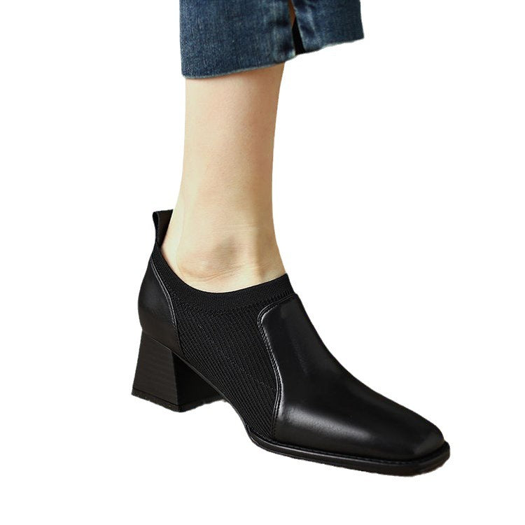 Women's Spring And Autumn Square Toe Knitted Chunky Heel High Heels