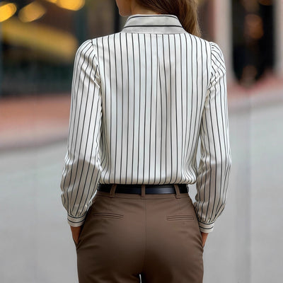 Black And White Striped Silky Satin Lapel Shirt