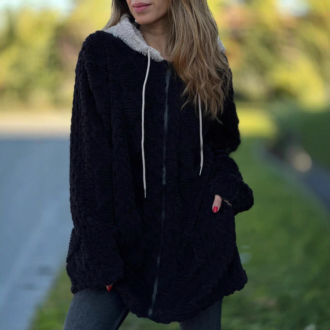 Hooded Solid Color Fur Zip Long Sleeve Coat Women