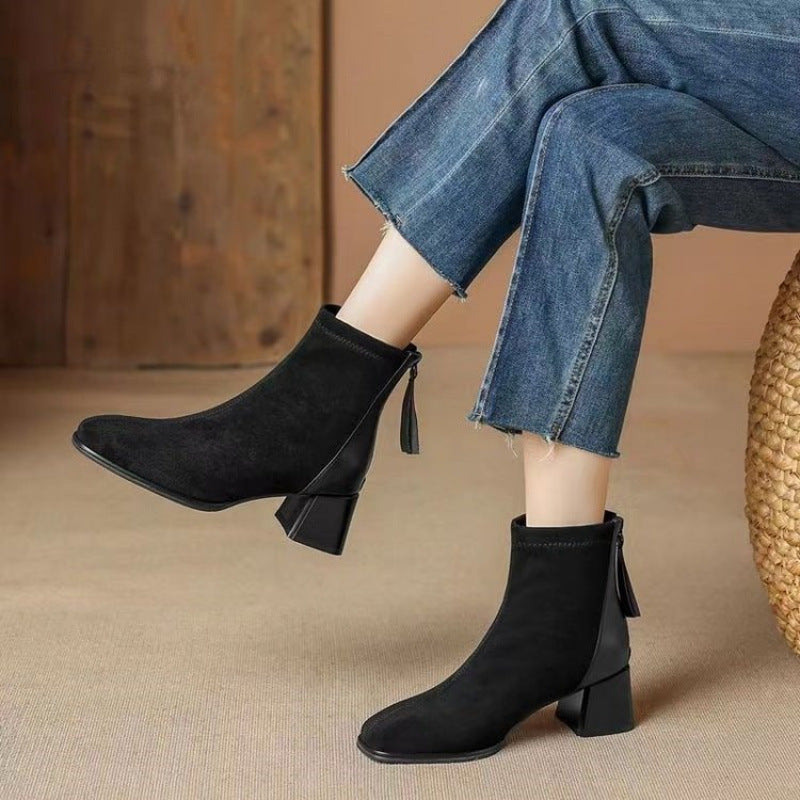 French Style Suede Boots Chunky Heel Thin Women's